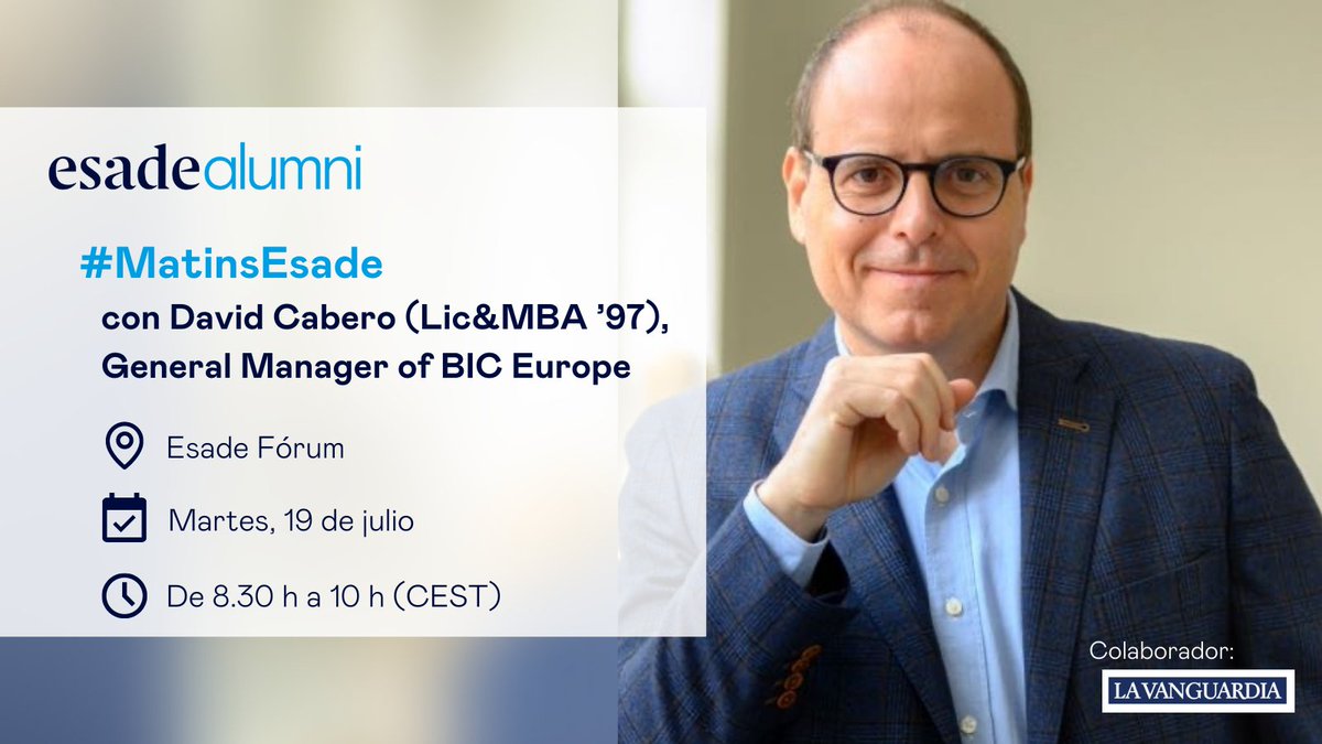 ESADEAlumni's tweet photo. 🔔 No te pierdas el próximo #MatinsEsade con David Cabero (Lic&amp;MBA ’97), General Manager of @BICGroup Europe en el que hablaremos sobre los retos a los que se enfrenta la empresa, al entrar en nuevos #mercados potenciales.

➡ https://t.co/UQe4h0on9E https://t.co/qQegmRMEjV