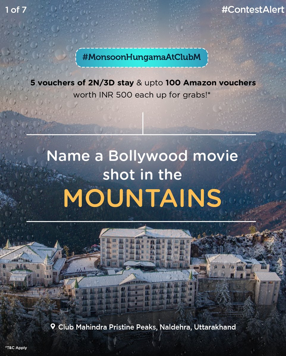 clubmahindra's tweet photo. #ContestAlert Participate in #MonsoonHungamaAtClubM &amp; win!* 🎬

Steps: 
1) Comment using #MonsoonHungamaAtClubM
2) Participate in all 7 contest posts from 15th-21st July 2022

Five 2N/3D stay &amp; up to 100 Amazon vouchers worth INR 500 up for grabs*
Last date: 31.07.2022
*T&amp;C Apply https://t.co/mzMC4jjToQ