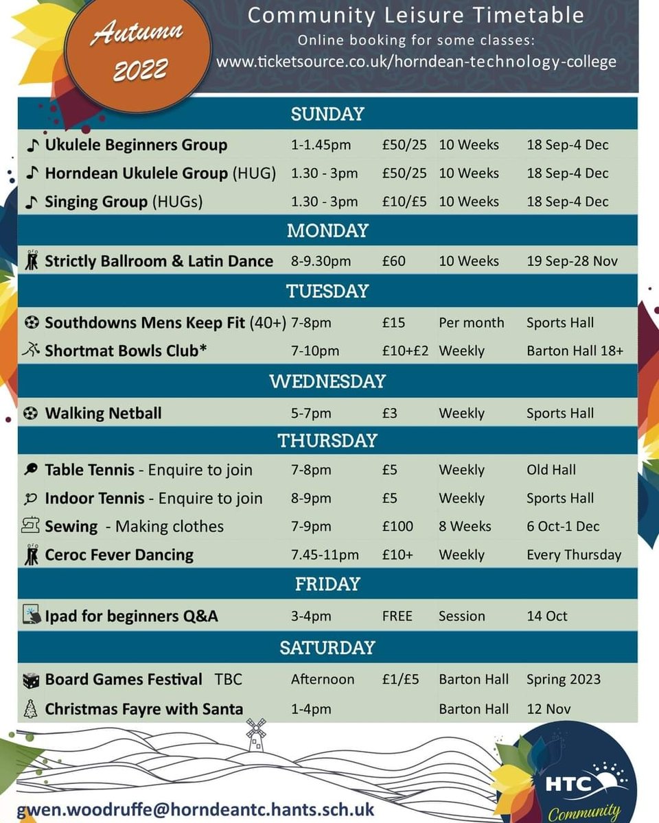 HTC Autumn 2022 timetable for leisure activities.