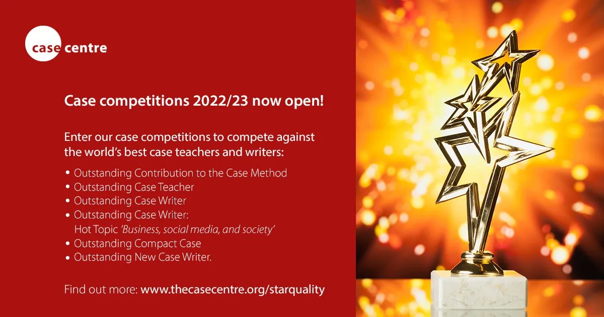 The Case Centre Competitions 2022/23 are Now Open - Apply by 5 October 2022 for the case writing competitions and 4 November 2022 for the Outstanding Case Teacher competition. Take part in our competitions and compete with the best case teachers and writers in the world: