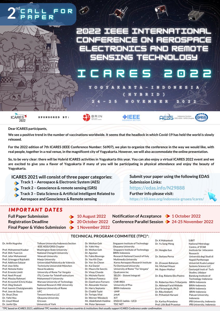 2nd Call For Paper
IEEE International Conference on Aerospace Electronics and Remote Sensing Technology (ICARES) 2022.

Info selengkapnya r10.ieee.org/indonesia-grsa…
#icares2022 #brin #ieeeis