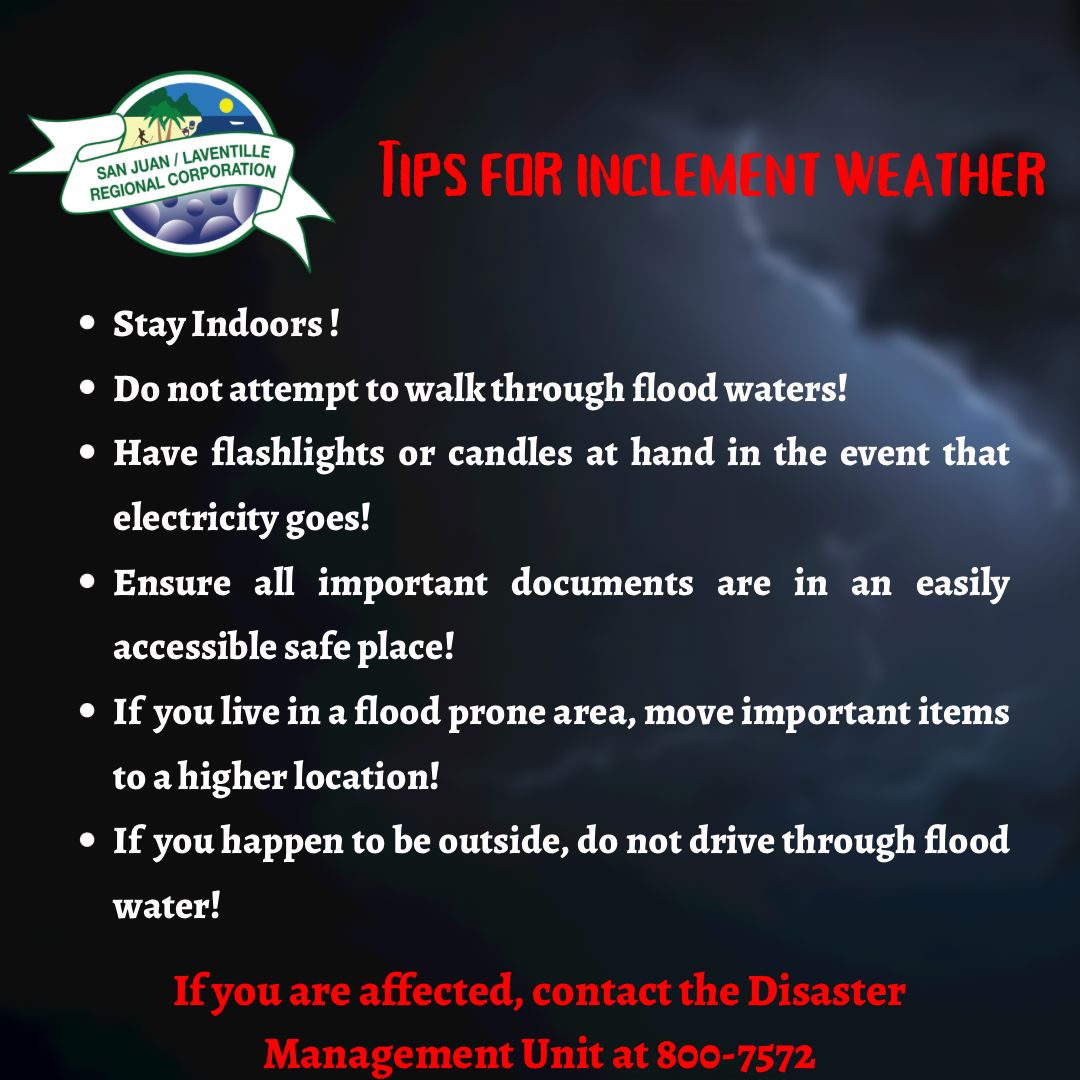 sanjuanlav's tweet image. Please take note of the following tips for the inclement weather.

If you are affected, reach out to our Disaster Management Unit at 800-7572. 

#SJLRC
#DMU
#WeatherTips
#YellowAlert