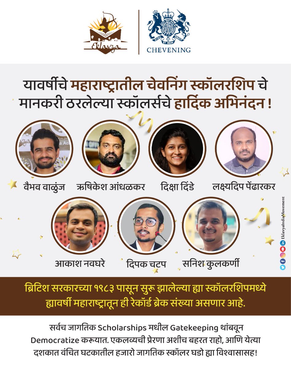 ब्रिटिश सरकारच्या चेवनिंग स्कॉलरशिपचे मानकरी ठरलेल्या सर्वांचे हार्दिक अभिनंदन!

१९८३ पासून सुरू झालेल्या #Chevening स्कॉलरशिप मध्ये ह्यावर्षी महाराष्ट्रातून ही रेकॉर्ड ब्रेक संख्या असणार आहे.

जागतिक स्कॉलरशिप मधील Gatekeeping थांबवून Democratize करूयात. 

@EklavyaMovement