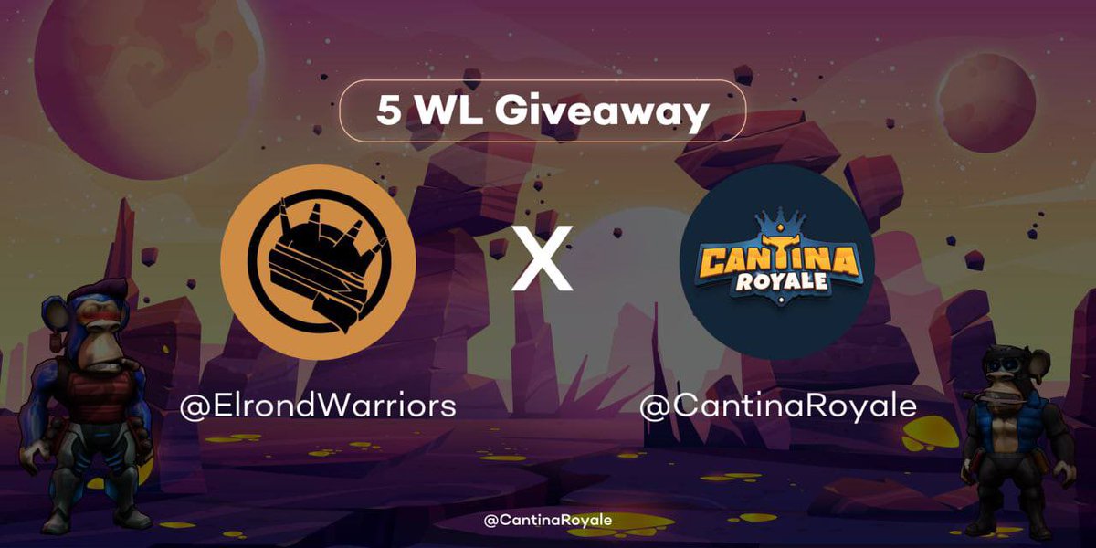 ElrondWarriorz's tweet photo. We have partnered up with the amazing team of @CantinaRoyale . We are giving away 5x WL on Twitter and ALOT more spots in our discord, make sure to join!

🎁 5 x Cantina WL

✅ Like&amp;RT
✅ Follow @ElrondWarriorz &amp; @CantinaRoyale 
✅ Tag Frens

#ElrondCommunity $egld #NFTGiveaway https://t.co/29g1NMuf2D