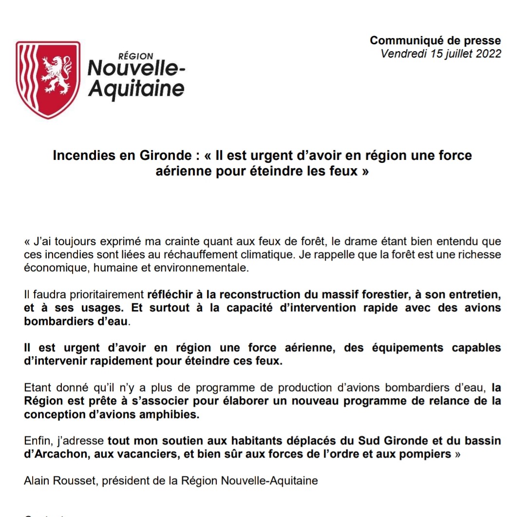 Alain Rousset (@al_rousset) on Twitter photo #FeuxDeForets #Gironde
Il est urgent d'avoir en région une force aérienne pour éteindre rapidement les feux. La Région <a href="/NvelleAquitaine/">Nouvelle-Aquitaine</a> est prête à s'associer pour élaborer un nouveau programme de relance de la conception d'avions bombardiers d'eau #FeuxDeForets #Gironde
Il est urgent d'avoir en région une force aérienne pour éteindre rapidement les feux. La Région <a href="/NvelleAquitaine/">Nouvelle-Aquitaine</a> est prête à s'associer pour élaborer un nouveau programme de relance de la conception d'avions bombardiers d'eau
