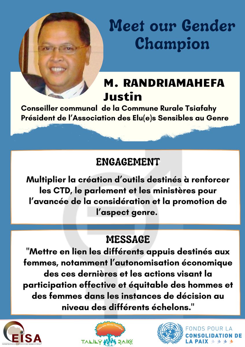 PBFMadagascar's tweet photo. L'égalité de genre, pilier pour la #paix🕊️
Les champions du #genre #TalilyRaike agissent pour le changement en faveur de #égalité homme-femme, participation et #droits des femmes
Lorsque l'égalité de genre est respectée, la société est plus pacifique
@UNPeacebuilding https://t.co/yEPfyqTPZv