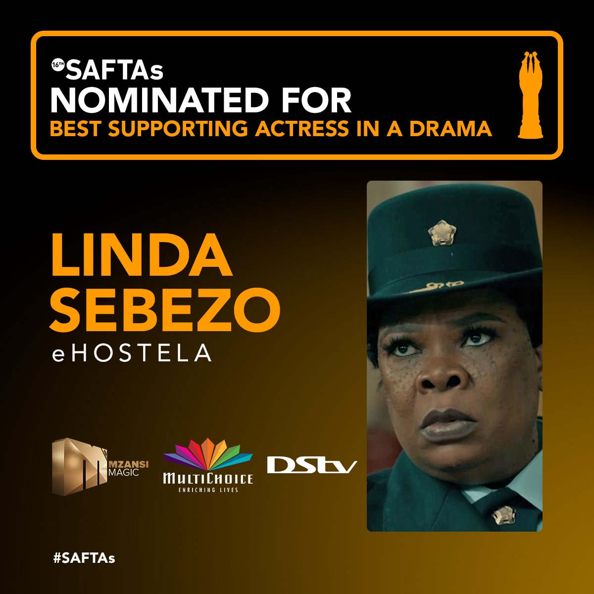 Mzansimagic's tweet photo. Congratulations to the legendary Linda Sebezo on her #SAFTAs nomination for her role in #eHostela  🙌

Watch previous seasons of eHostela on @ShowmaxOnline.