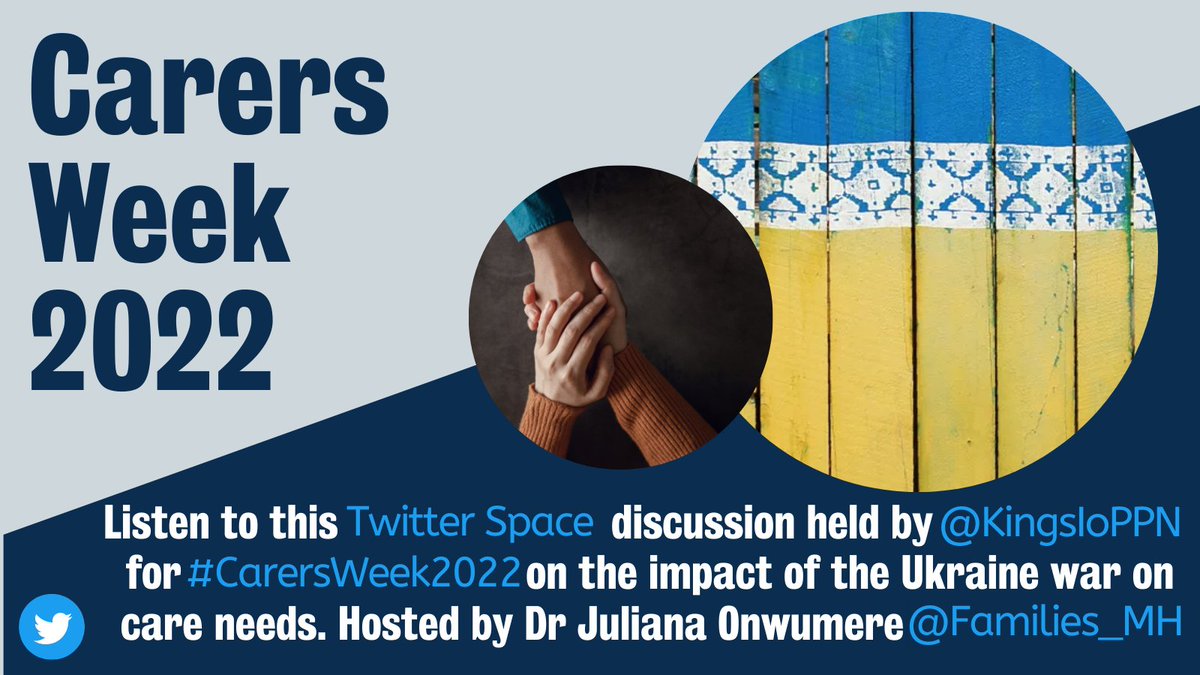 This #CarersWeek2022, #KingsIoPPN led our first #TwitterSpace hosted by @Families_MH! We were joined by a panel of #MentalHealth experts to discuss the impact of the #UkraineWar on care needs. Find out more & listen to the Twitter Space⬇️ kcl.ac.uk/news/experts-d… #IoPPNNews
