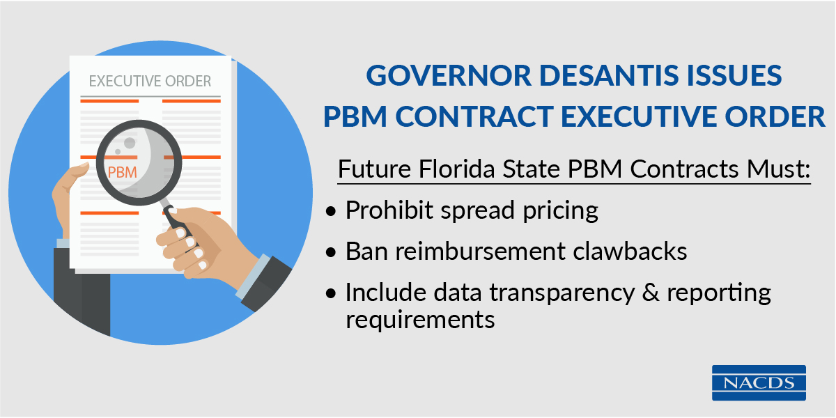 NACDS's tweet photo. The July 8th Executive Order by Florida’s @GovRonDeSantis sets in place critically needed pharmacy benefit manager contract (PBM) rules that other states should adopt! Details: https://t.co/VVy2XZt4CZ #DIRisDIRE https://t.co/dGAfUNSOS0