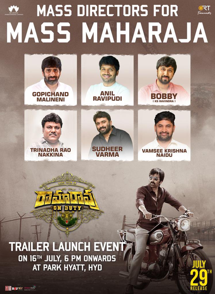 Mass Directors to grace our Mass Maharaja's #RamaRaoOnDuty Trailer Launch Event Tomorrow 🔥 - youtu.be/7Yo5PCAdJgw #RamaRaoOnDutyOnJuly29 @RaviTeja_offl @directorsarat @Divyanshaaaaaa @rajisha_vijayan @SamCSmusic @sathyaDP @sahisuresh @RTTeamWorks @SLVCinemasOffl