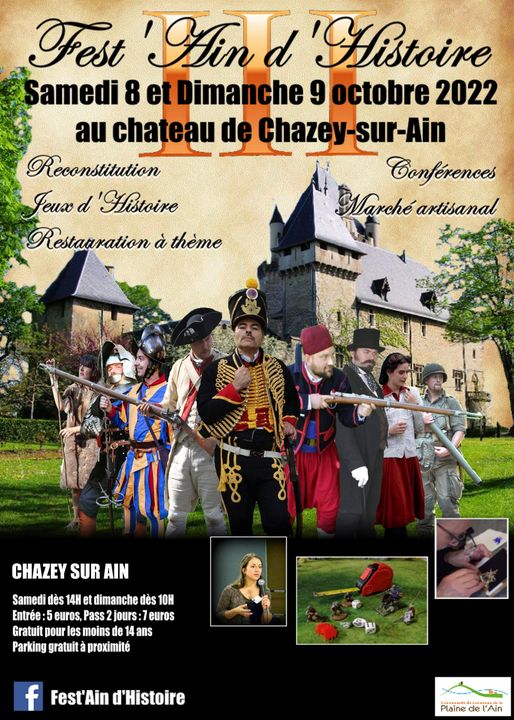 GuildePerouges's tweet image. #FADH Les préparatifs entrent dans leur dernière ligne droite ! Pour l'occasion, nous vous dévoilons l'affiche de la 3e édition de Fest'Ain d'Histoire ! Nous avons toutes et tous hâte de vous accueillir à nouveau !