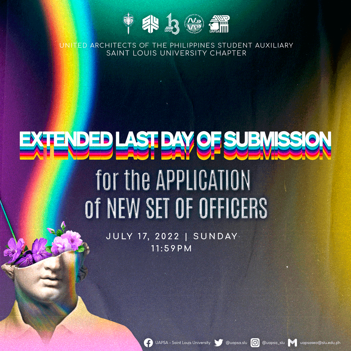 UAPSA_SLU's tweet photo. 𝗘𝗫𝗧𝗘𝗡𝗗𝗘𝗗 𝗟𝗔𝗦𝗧 𝗗𝗔𝗬 𝗢𝗙 𝗦𝗨𝗕𝗠𝗜𝗦𝗦𝗜𝗢𝗡

Submission is Extended until 𝗝𝗨𝗟𝗬 𝟭𝟳, 𝟮𝟬𝟮𝟮 | 𝗦𝗨𝗡𝗗𝗔𝗬 @𝟭𝟭:𝟱𝟵 𝗣𝗠. 

#NewAPSASLU
#UAPSASLUyear13
#AscendUAPSALSU
#UAPSAbaysabay https://t.co/iw7eo7Oykt