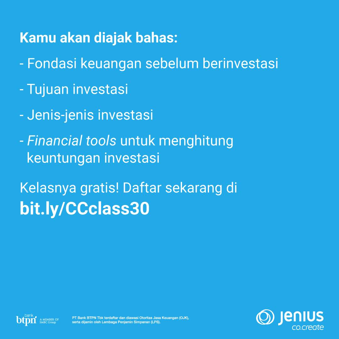 JeniusConnect's tweet photo. Gak ada kata "terlambat" buat belajar tentang investasi! #jeniuscocreate mau ajak kamu buat belajar lebih lanjut tentang reksa dana dan budgeting sebelum investasi bareng @ghitarga2

Gratis untuk pengguna Jenius. Yuk, langsung daftar di https://t.co/upzF3Z8stW https://t.co/2jJHYTgevL