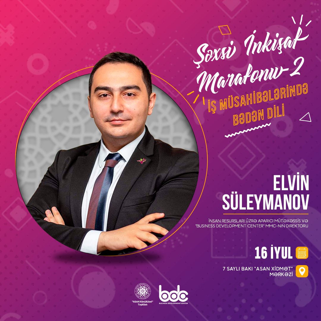 asanvolunteers's tweet image. &quot;ASAN Könüllüləri&quot; Təşkilatı və Business Development Center’in birgə əməkdaşlığı ilə &quot;Şəxsi İnkişaf Marafonu 2&quot; layihəsi çərçivəsində növbəti təlim &quot;İş müsahibələrində bədən dili&quot; mövzusunda baş tutacaq.
#AKT #ASANVolunteers #BusinessDevelopmentCenter #ŞəxsiİnkişafMarafonu2