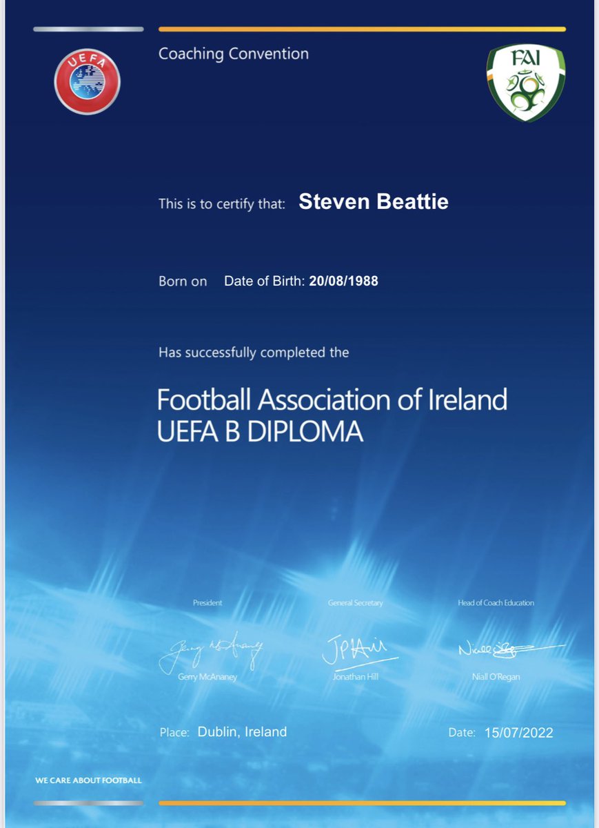 Delighted to keep climbing the coaching ladder. UEFA B ✅ Thanks to all the staff at @FAICoachEd for a really enjoyable course.