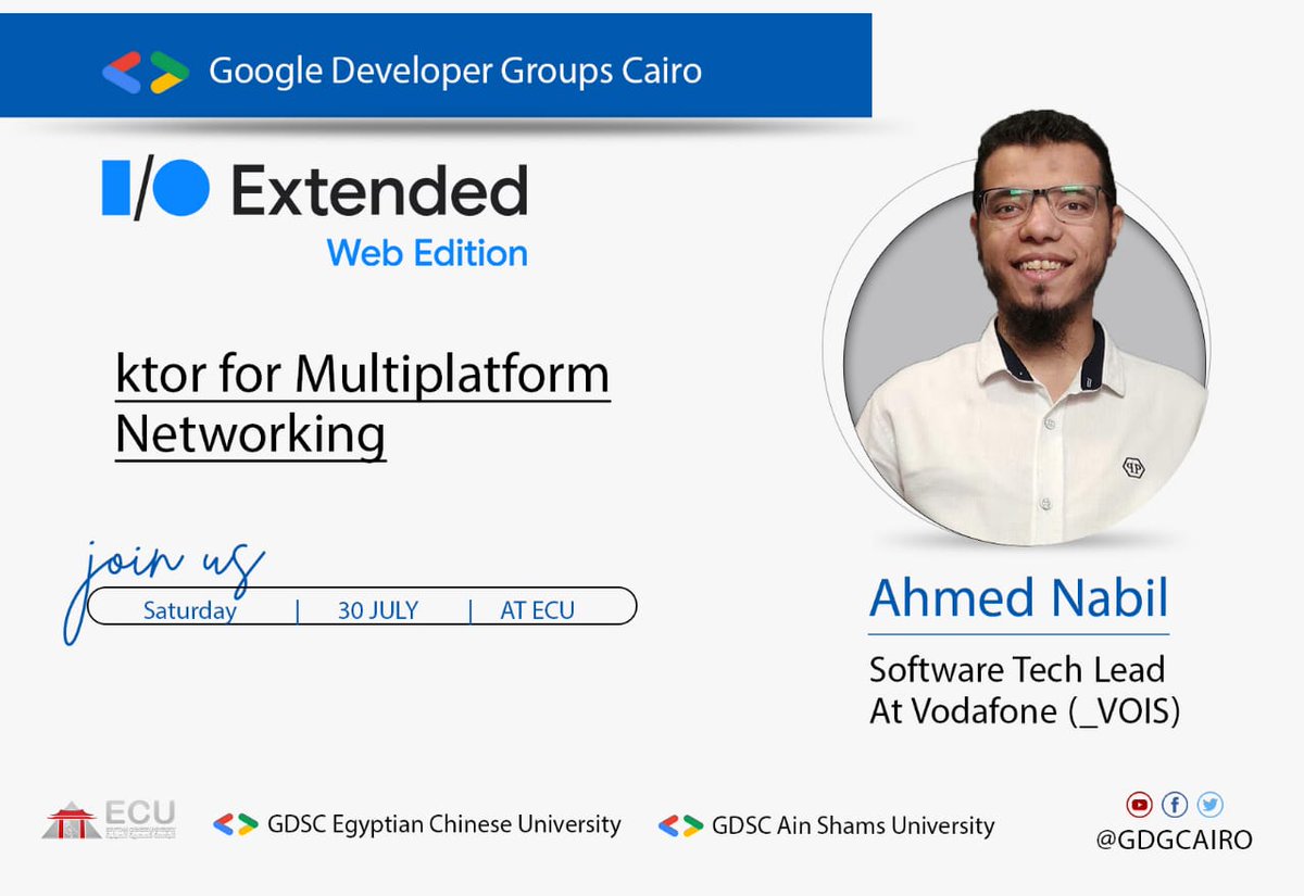GDGCairo's tweet image. So It&apos;s time to introduce our Next Speaker

@AhmedNMahran will take the stage to tell us about How to Explore Ktor framework and use it to build socket chat client and server app.

Registration Link:
forms.gle/vT5LBh11HAZi19…

#GDGCairo #IOExtended22 #IOExtendedWebEdition #kotlin