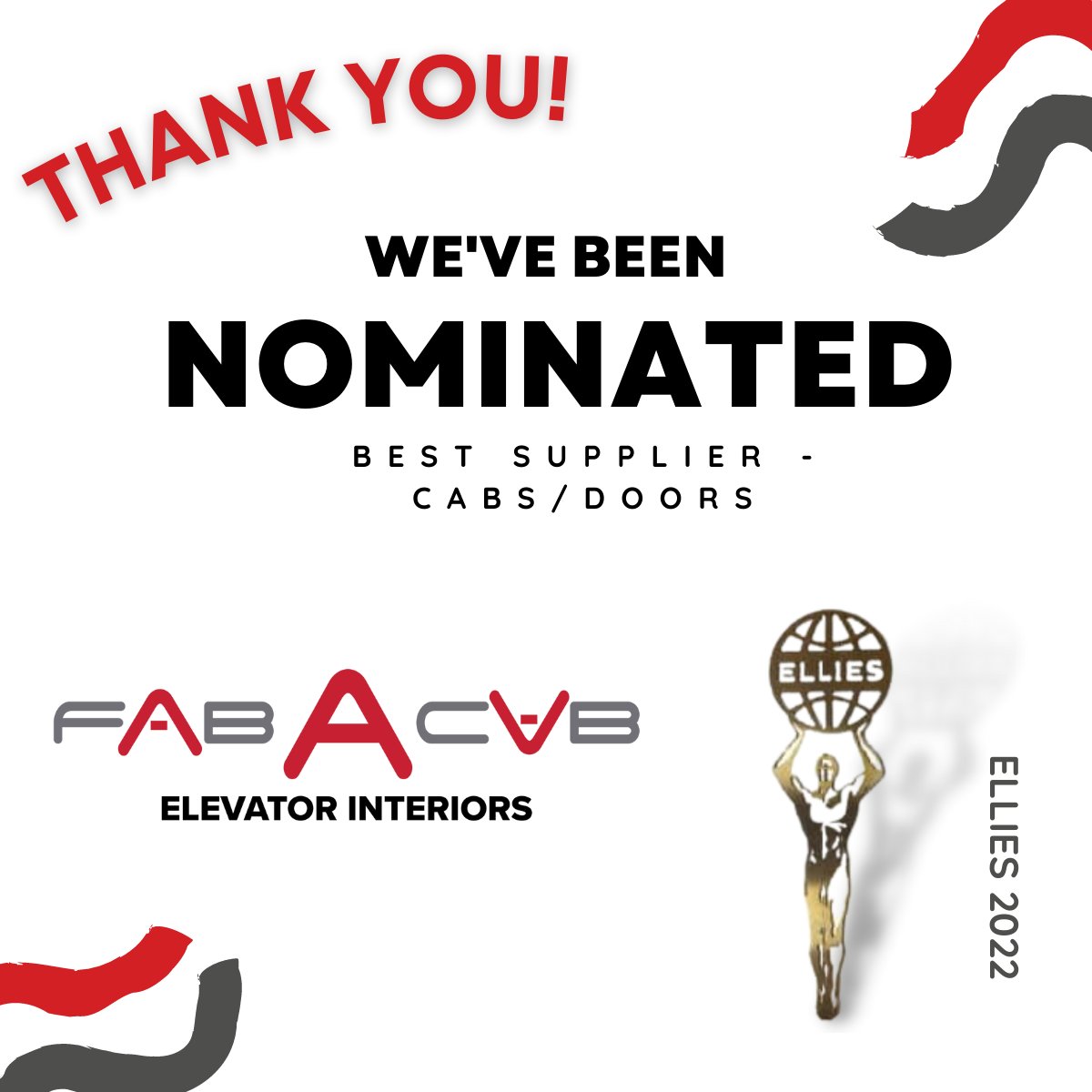 fabacab's tweet image. We are BEYOND humbled to have been nominated for the 2022 Ellies Awards: Best Supplier – Cabs/Doors
We wouldn't have made the list without the AWESOME customers we have! 
#ElevatorWorld #Ellies #Award #ThankYou