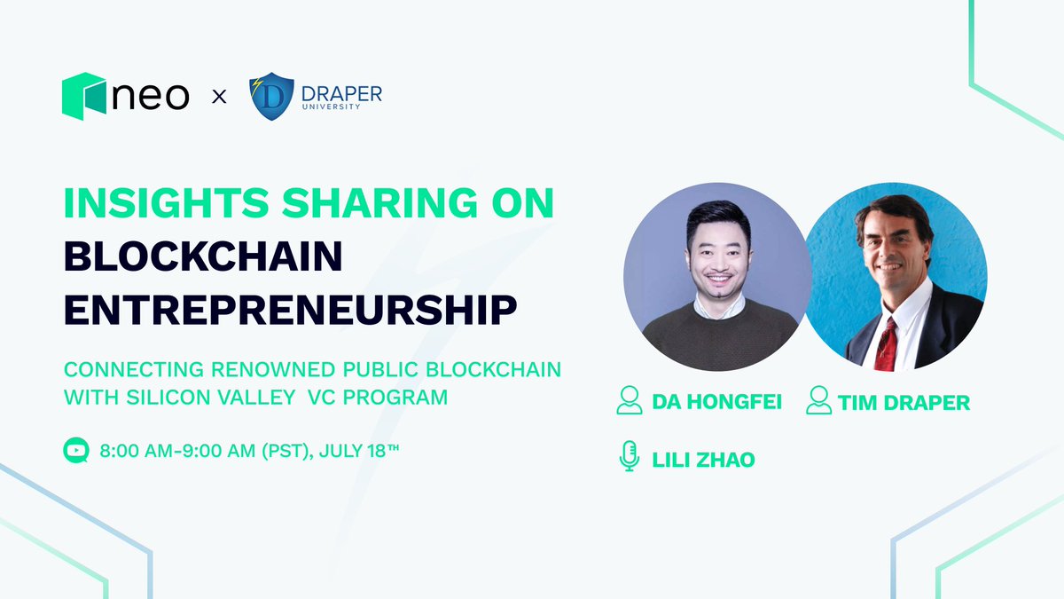 🤩We are thrilled to announce a panel discussion between our founder <a href="/dahongfei/">Da Hongfei</a> and <a href="/TimDraper/">Tim Draper</a>, Silicon Valley VC investor, on July 18th, to kick off the Neo and <a href="/draper_u/">Draper University</a> collaboration. 

🎙️Moderated by our <a href="/Lili_Zurich/">Lili.neo</a>. Stay tuned! 

🔗shorturl.at/cnrw7
