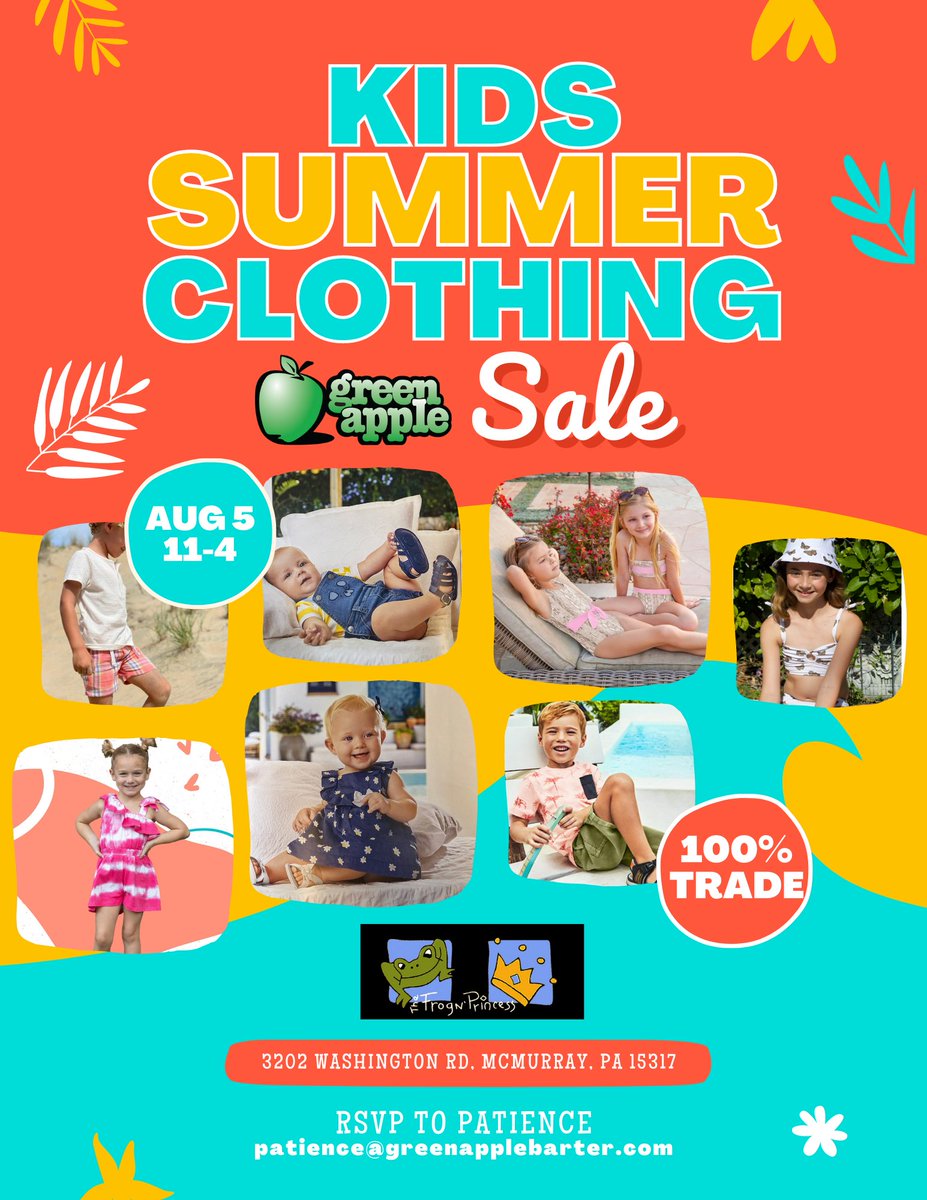 GreenAppleBrter's tweet photo. Mark your calendars! The Frog N Princess Kids Summer Clothing Green Apple sale is August 5th from 11-4 at their location in McMurray!

#greenapple #barterisbetter #tradeforit #pittsburghbusiness #pittsburgh #pittsburghpa  #savecash #increasesales https://t.co/85tB3L9AkC https://t.co/61g1CNadli