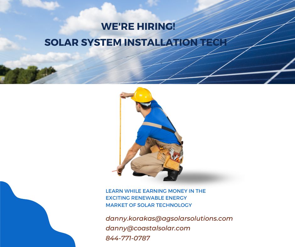We're looking to grow our solar system installation tech team! Contact Danny.Korakas@AgSolarSolutions.com for an interview. 
 #Hiring #SolarEnergy