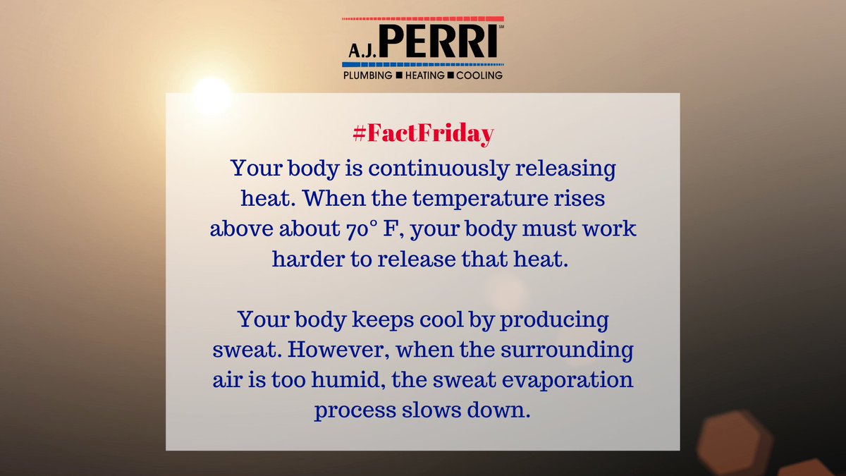 #FactFriday Have you ever wondered why your body is around 98.6°F but an outside temperature of 98°F feels oppressive? Hot temperatures and high humidity interfere with your body's ability to release heat. Cool down with A.J. Perri. bit.ly/39za3tD