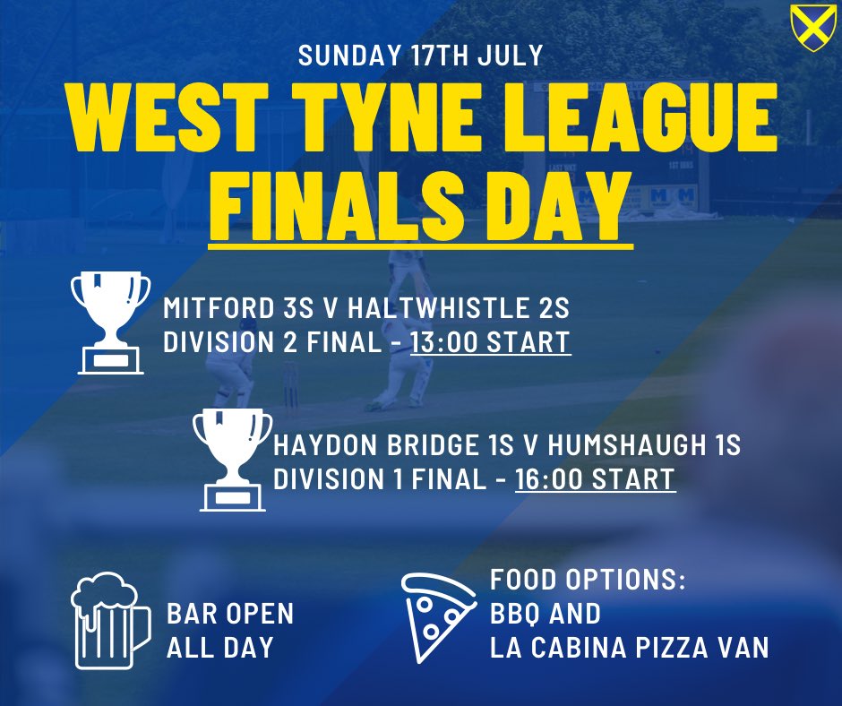 🚨FINALS DAY 🏆

This Sunday we host West Tyne League Finals Day….one of the highlights of the cricketing calendar. 🏏

Always a great occasion, get yourself down and enjoy two games of cricket, two good options &amp; plenty beverage choices!