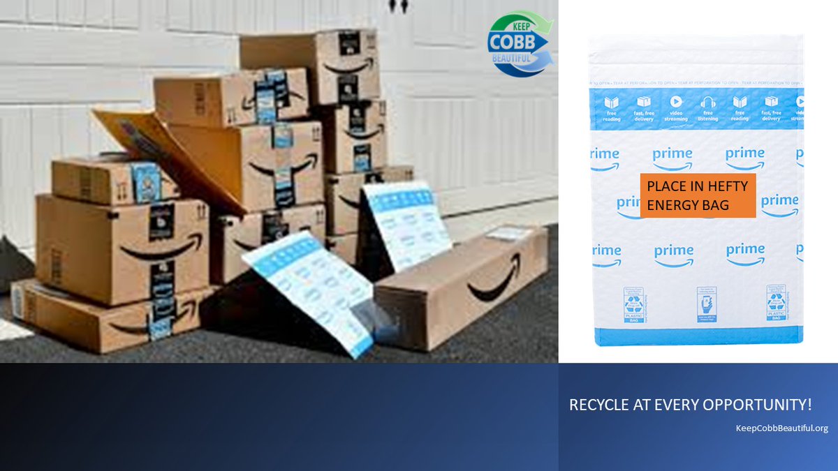 KpCobbBeautiful's tweet photo. Amazon packages are arriving daily at your door! RECYCLE cardboard boxes &amp; paper mailers.  The white &amp; blue plastic mailer can be placed in your Hefty Energy Bag. 

#mariettaga #mabletonga #kennesawga #powderspringsga #austellga #acworthga #smyrnaga #recyclerightga https://t.co/mCCEIex3kO