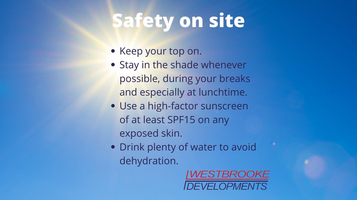 WestbrookeDev's tweet photo. As the summer heat intensifies, construction workers are especially vulnerable to heat-related illnesses. While working in hot conditions, it is important to take precautions to prevent heat exhaustion, heat stroke and sunburn.
#sunsafety #Loveconstruction #westbrookedevelopments https://t.co/ZqO7F4cfma