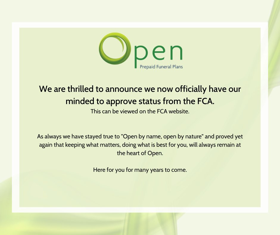 We are thrilled to announce we now officially have our minded to approve status from the FCA.
This can be viewed on the FCA website.

Here for you for many years to come.
#openbynameopenbynature