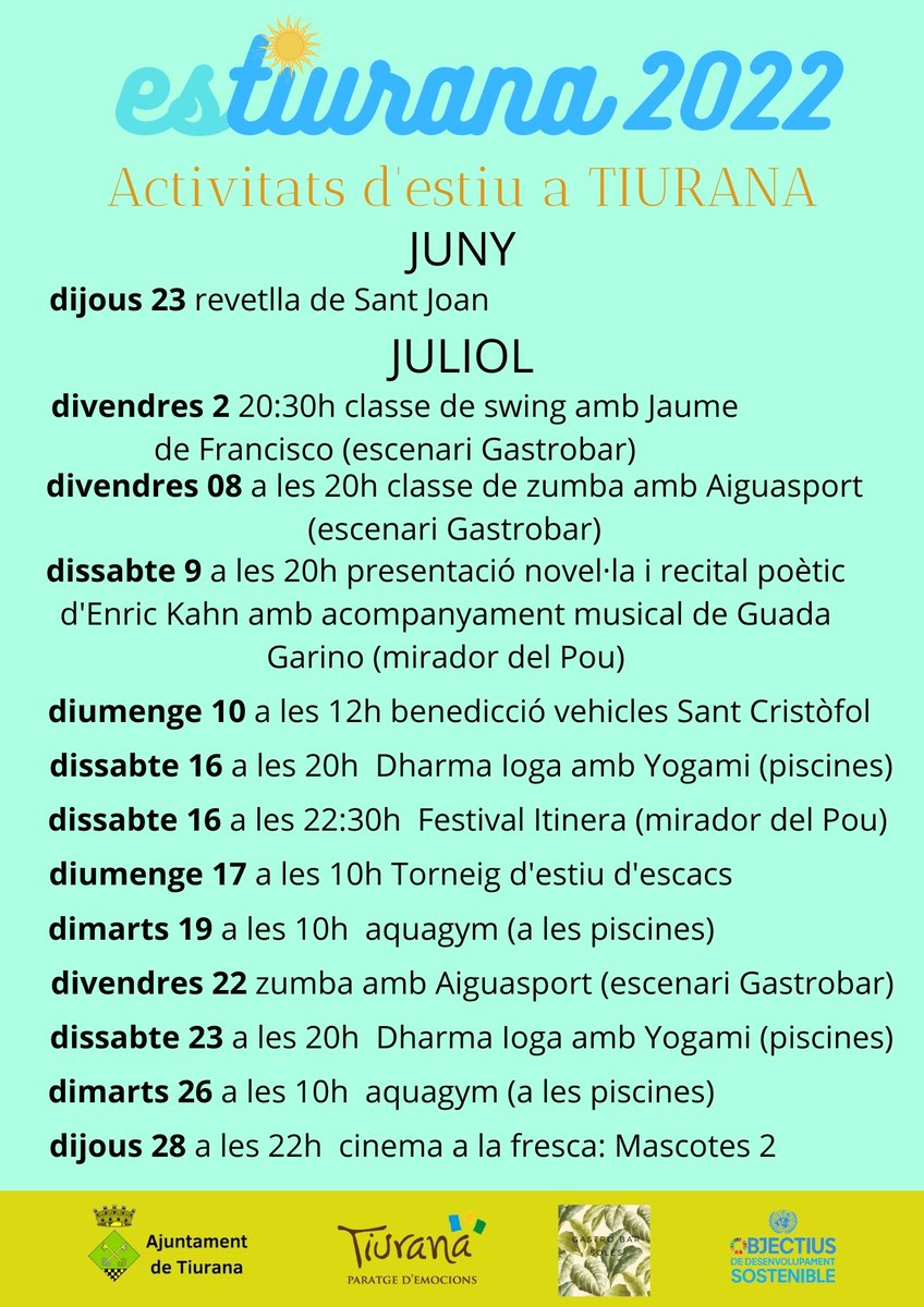 AjTiurana's tweet photo. Aquí teniu l'agenda #estiurana d'aquest #estiu a #tiurana

#tiuranaparatgedemocions #cultura #escapada #turismerural #turismedelleida #noguera
@TurismeBalaguer @Noguera_TV @BalaguerTV https://t.co/rdDwfIbqbU