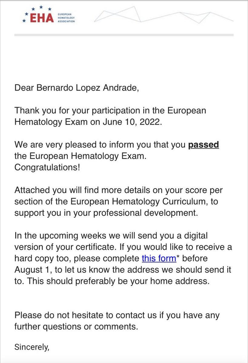 Feliz con resultados! 🙌Fue una gran experiencia y creo que el examen aporta mucho, permitiendo ver nuestros puntos a mejorar! Lo recomiendo👍! #EHAexam @EHA_Hematology @HematoHUSE