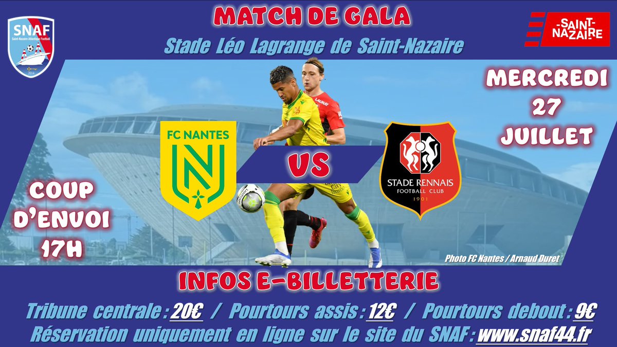 🚨 #JeuConcours #Cadeau #Foot

🎁 2 places VIP à gagner pour le match du mercredi 27 juillet entre <a href="/FCNantes/">FC Nantes</a> et <a href="/staderennais/">Stade Rennais F.C.</a> à Saint-Nazaire !

Pour participer :
1️⃣ #Suivez notre page Twitter
2️⃣ #Retweetez ce post.

🗓 Tirage au sort le vendredi 22 juillet.

🍀 Bonne chance !