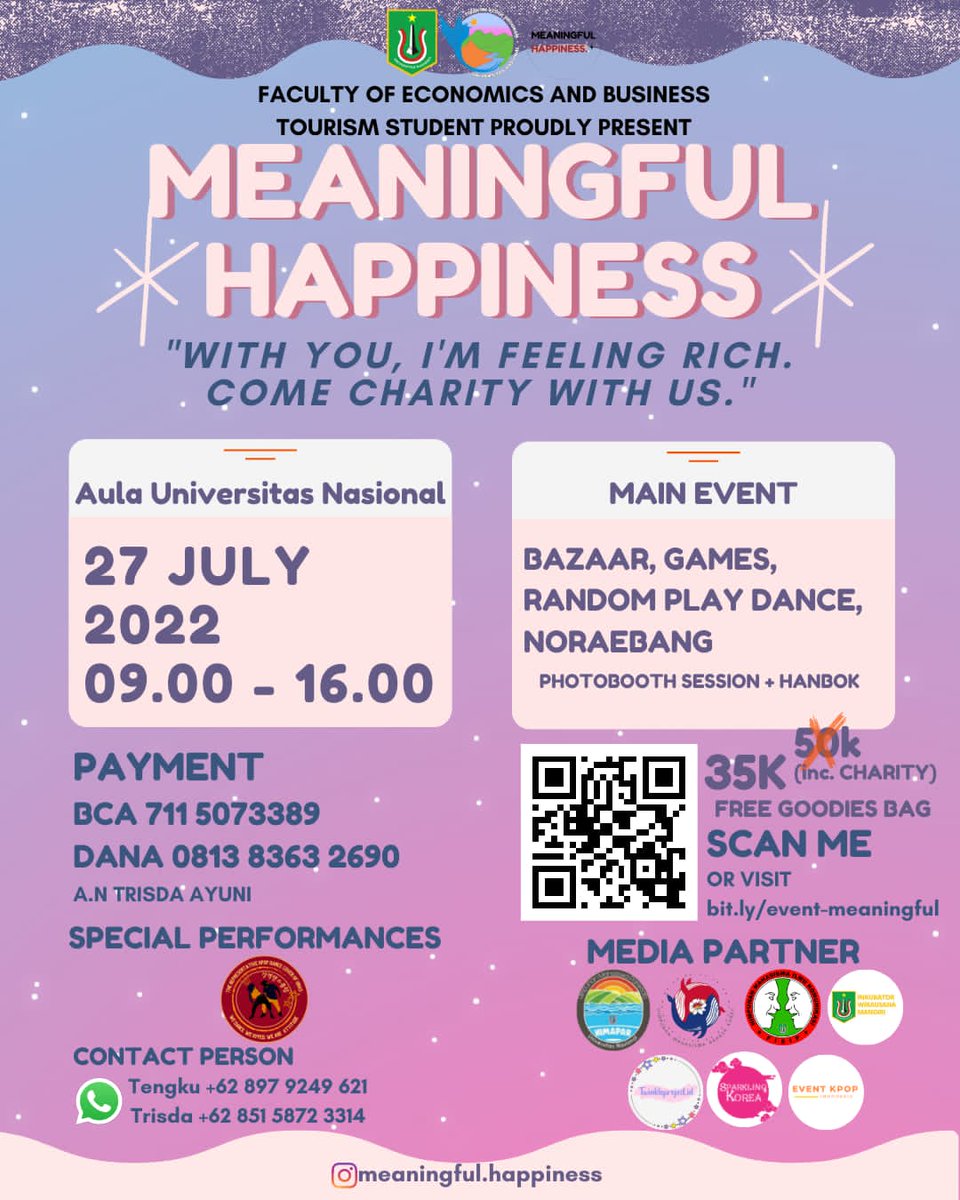 EventKpopID's tweet photo. Mahasiswa Prodi Pariwisata Universitas Nasional Proudly Present 

✨ 𝗠𝗘𝗔𝗡𝗜𝗡𝗚𝗙𝗨𝗟 𝗛𝗔𝗣𝗣𝗜𝗡𝗘𝗦𝗦 ✨
"𝘞𝘐𝘛𝘏 𝘠𝘖𝘜, 𝘐'𝘔 𝘍𝘌𝘌𝘓𝘐𝘕𝘎 𝘙𝘐𝘊𝘏. 𝘊𝘖𝘔𝘌 𝘊𝘏𝘈𝘙𝘐𝘛𝘠 𝘞𝘐𝘛𝘏 𝘜𝘚." 

Annyeonghaseyo, Yeorobun! 👋 https://t.co/glrQqRKdap