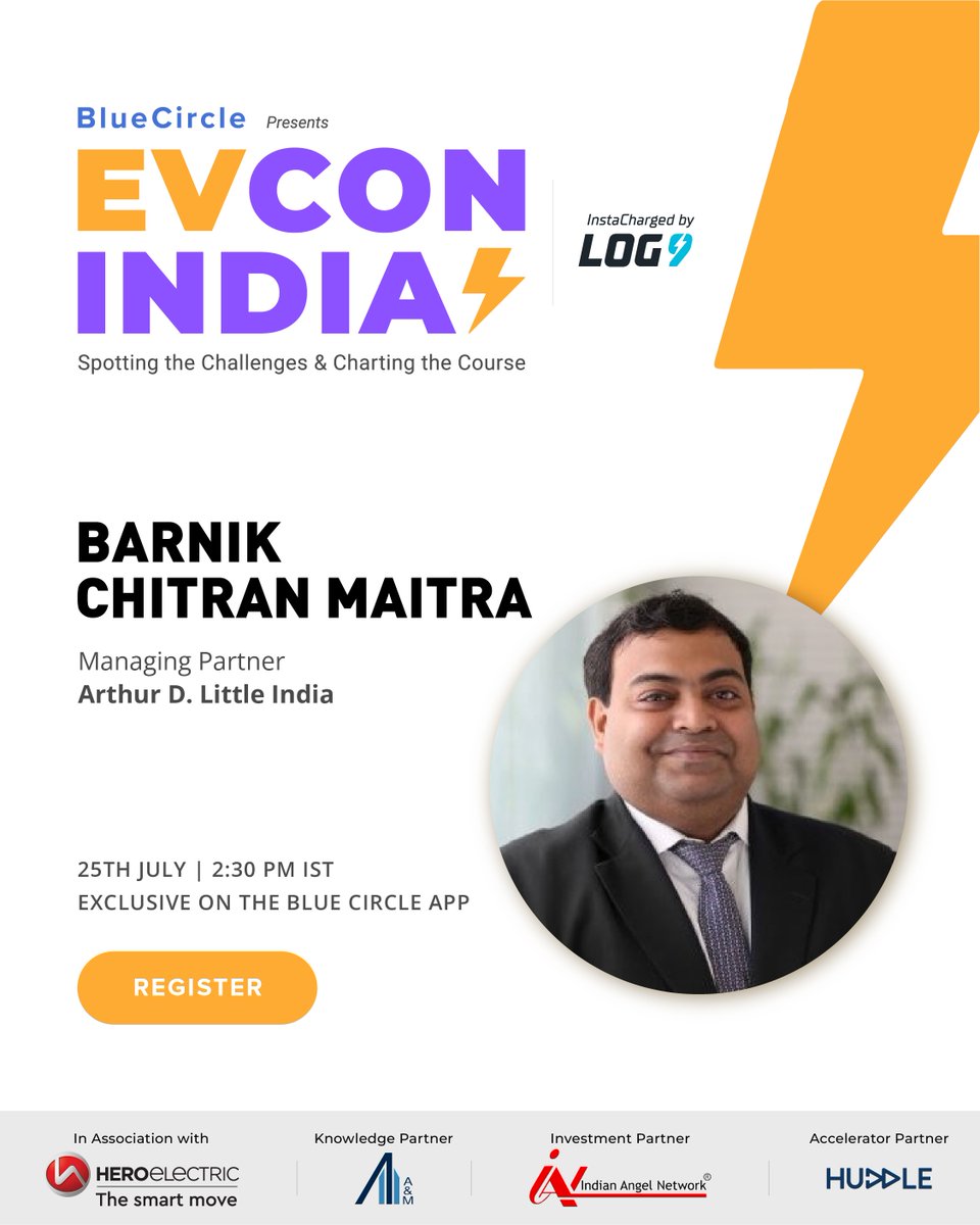 thebluecirclein's tweet photo. We are pleased to welcome Barnik Chitran Maitra (Managing Partner, @adlittleindia) as a chair and moderator at "#EVConIndia Virtual Week InstaCharged by Log9 Materials" exclusive on the Blue Circle app on 25th July, 2:30 PM IST
Register Now!
https://t.co/njOMpV15Yg https://t.co/JcufY3dER0