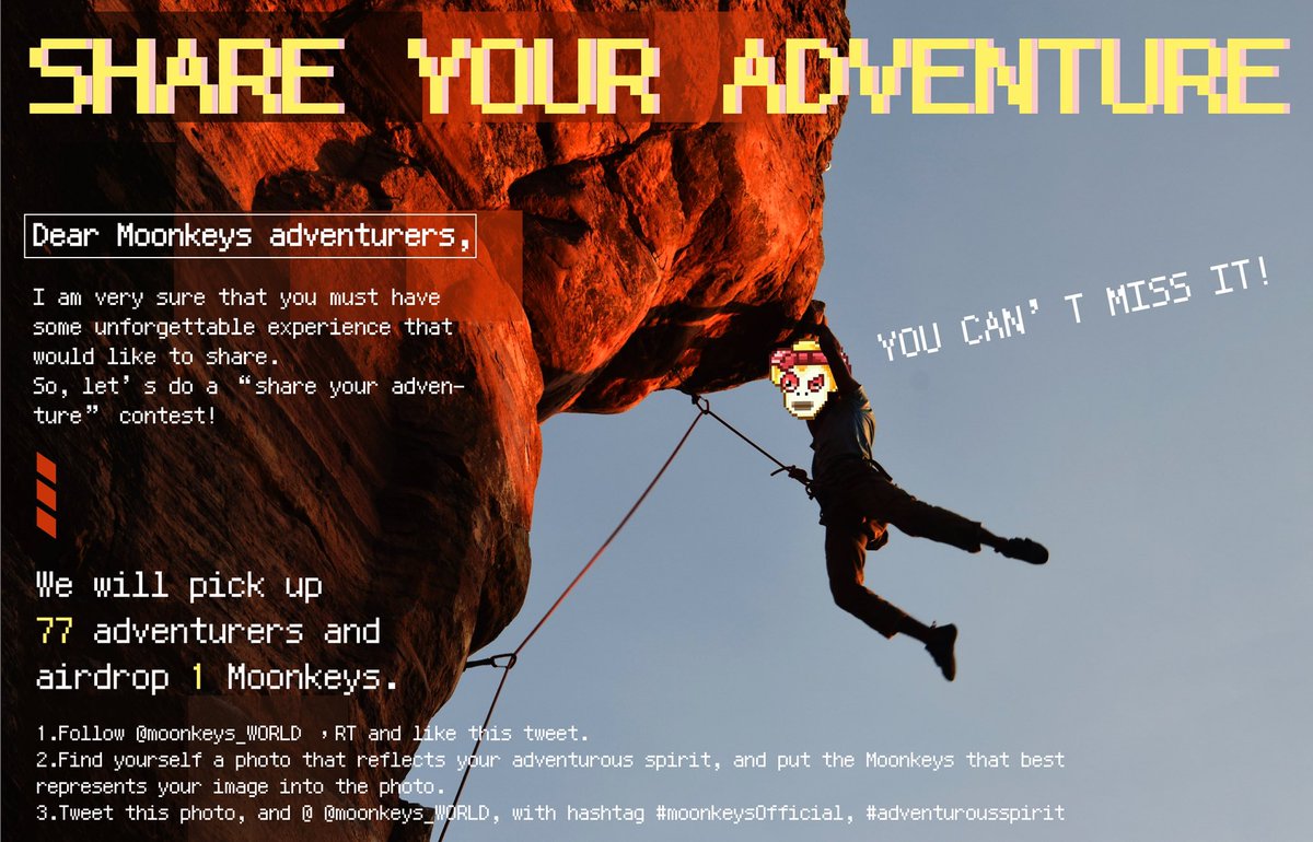 moonkeys_WORLD's tweet photo. 🐒Let‘s do a “share your adventure” contest！
🏆Awards：Airdrop 77 moonkeys #NFTs 
⏰Event period：7 days

👉Rules：
1⃣Follow,RT,Like and Tag 3 friends.
2⃣Find yourself a photo that reflects your adventurous spirit，tweet it and @ us.
3⃣️Join discord：https://t.co/RC8bA0bxLD https://t.co/fEkOhQT8XC