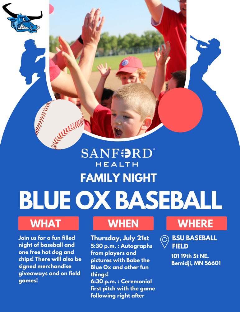 Ox Fans! Spread the word about our upcoming <a href="/SanfordHealth/">Sanford Health</a> Family Night game! 6:30 ceremonial first pitch with game to follow right after. Thursday July 21st. More details below #OxNation #FreeHotDogandChips