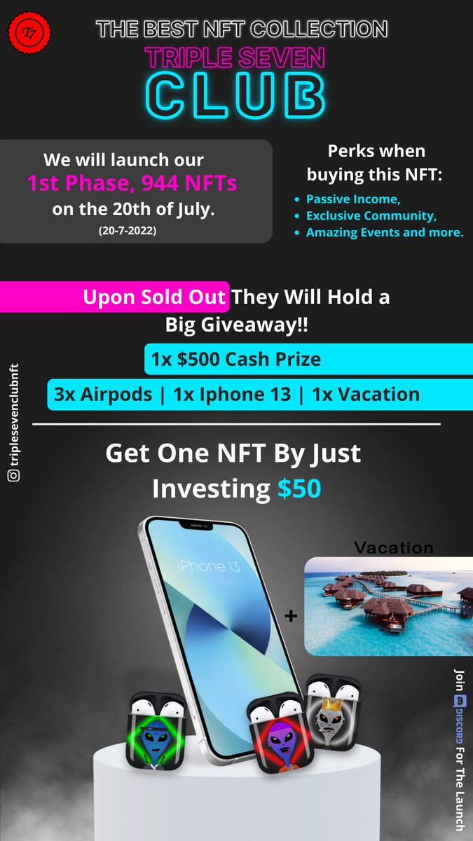 TripleSevenClu1's tweet photo. Dropping Our 1st Phase of 944 NFTs on the 20th of July‼
Join now... only limited spots and they're getting filled pretty quickly⚠😮

Join Discord Now and Save your spot🔥
LFG!!!!!!🚀🙌

#cryptotab #nftarti̇sts #cryptocurrencies #Community #NFTdrops #NFTGiveaways #CryptoNews https://t.co/eLeEa6Iyai