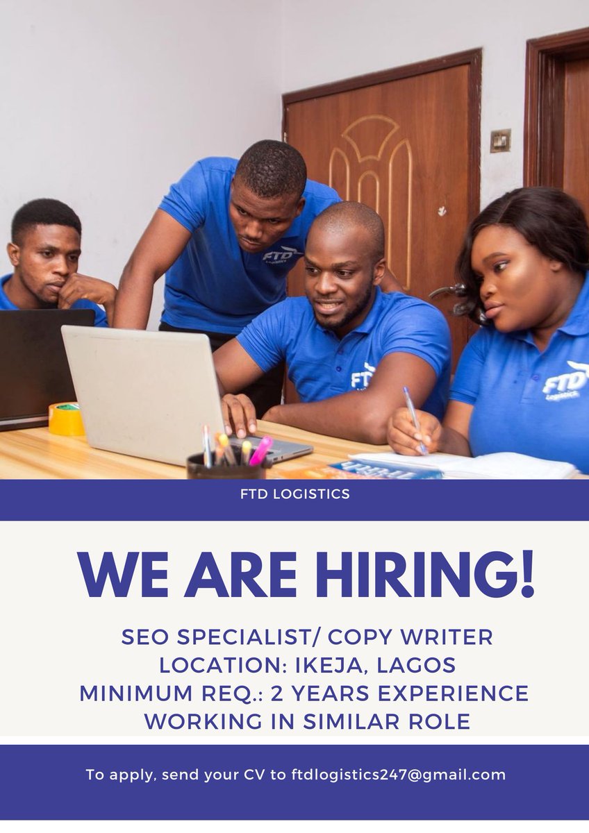 FTDLogistics's tweet photo. We are hiring!
FTD Logistics is looking to hire an SEO Specialist/ Copywriter 

Apply NOW! ftdlogistics247@gmail.com

Deadline: July 22nd 2022

#lagosjobs #lagosvacancy #jobopportunity #jobberman #cvloft https://t.co/6ErNmKJaKI