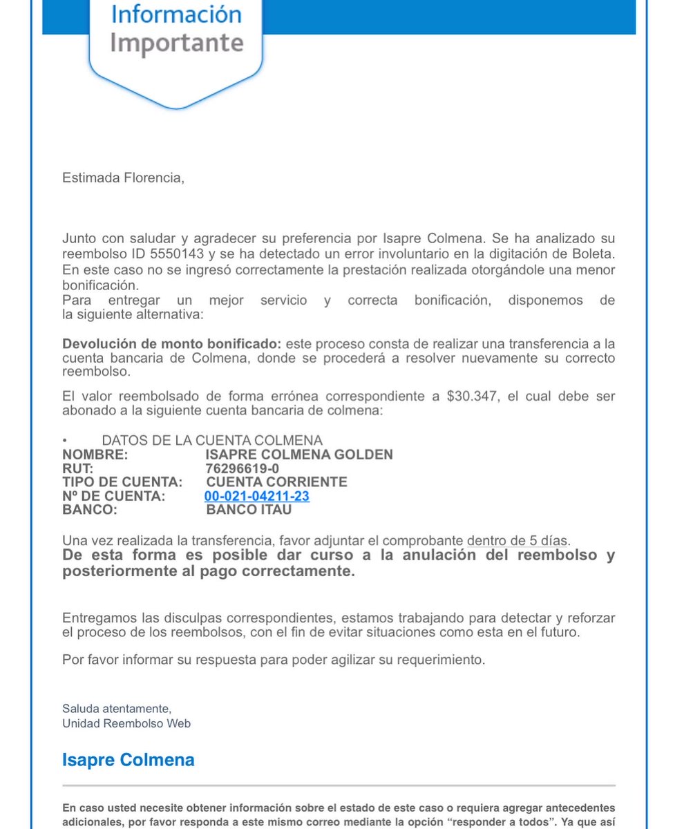 FLOKRETS1's tweet photo. @latercera @pulso_tw Demanda a @IsapreColmena por contrato te ponen que cubren un porcentaje y en la realidad NO lo hacen! Me di cuenta de suerte y en todos mis reembolsos hicieron lo mismo, cubrir 70% cuando pago por 80%!!Error de digitalización dijeron, sigo esperando mi plata. https://t.co/TcmzEk6Rnm