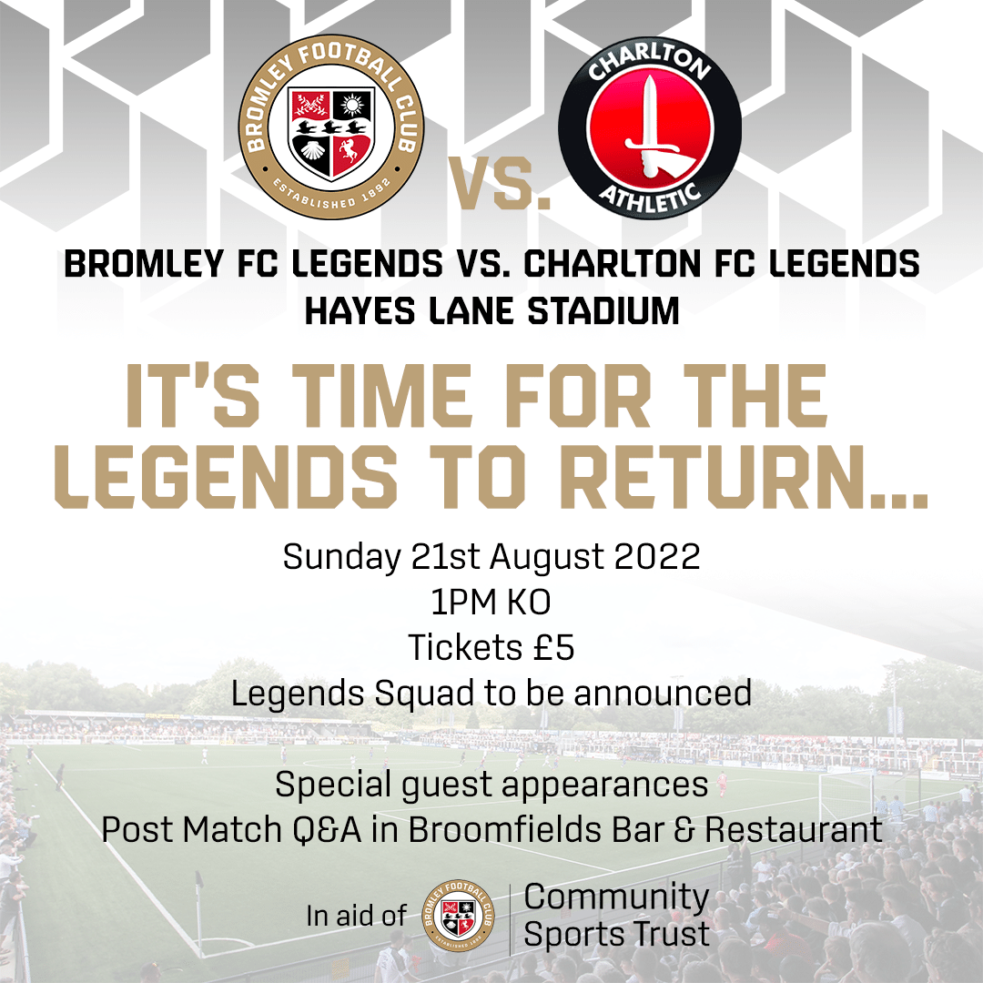 Hayes Lane was built for legends. We’ve seen them come, we’ve seen them go but they always come back; and that is exactly what is happening later this summer. Bromley FC Legends 🆚 @CAFCofficial Legends 👉bromleyfc.tv/site/hayes-lan… #WeAreBromley #cafc