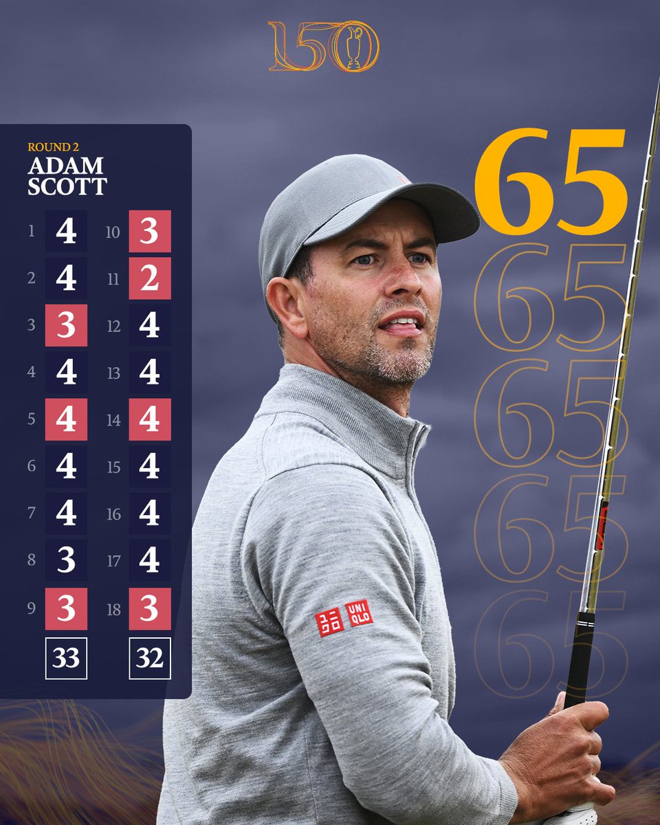 TheOpen's tweet photo. A flawless round of golf 👏 Adam Scott is just two shots off the lead after a bogey-free round of -7️⃣
#The150thOpen https://t.co/MDlIiar0Fe
