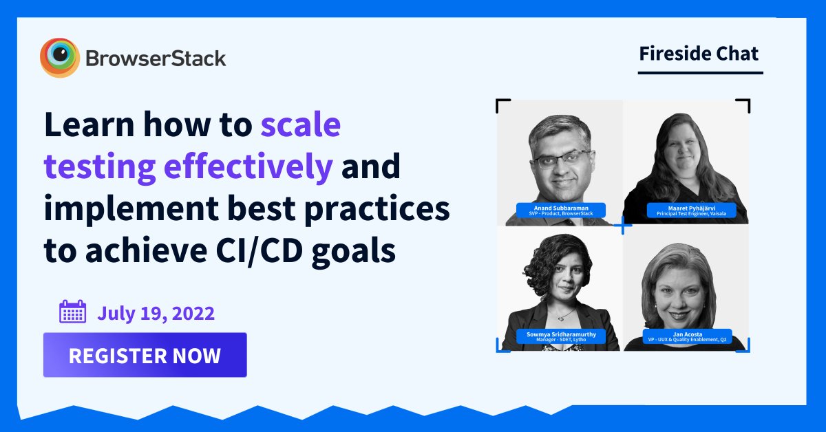 browserstack's tweet photo. Book your free spot for the 'The journey to testing maturity & how to scale your QA ops' #FiresideChat! 🤩
👉 https://t.co/PEzWbQJnS4 👈
#SoftwareTestingReimagined #QualityAssurance https://t.co/8STa5QYyTT