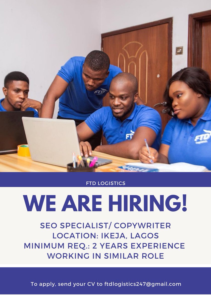FTDLogistics's tweet photo. We are hiring!
FTD Logistics is looking to hire an SEO Specialist/ Copywriter 

Apply NOW! ftdlogistics247@gmail.com

Deadline: July 22nd 2022

#lagosjobs #lagosvacancy #jobopportunity #jobberman #cvloft https://t.co/TXc8ZxLlPa