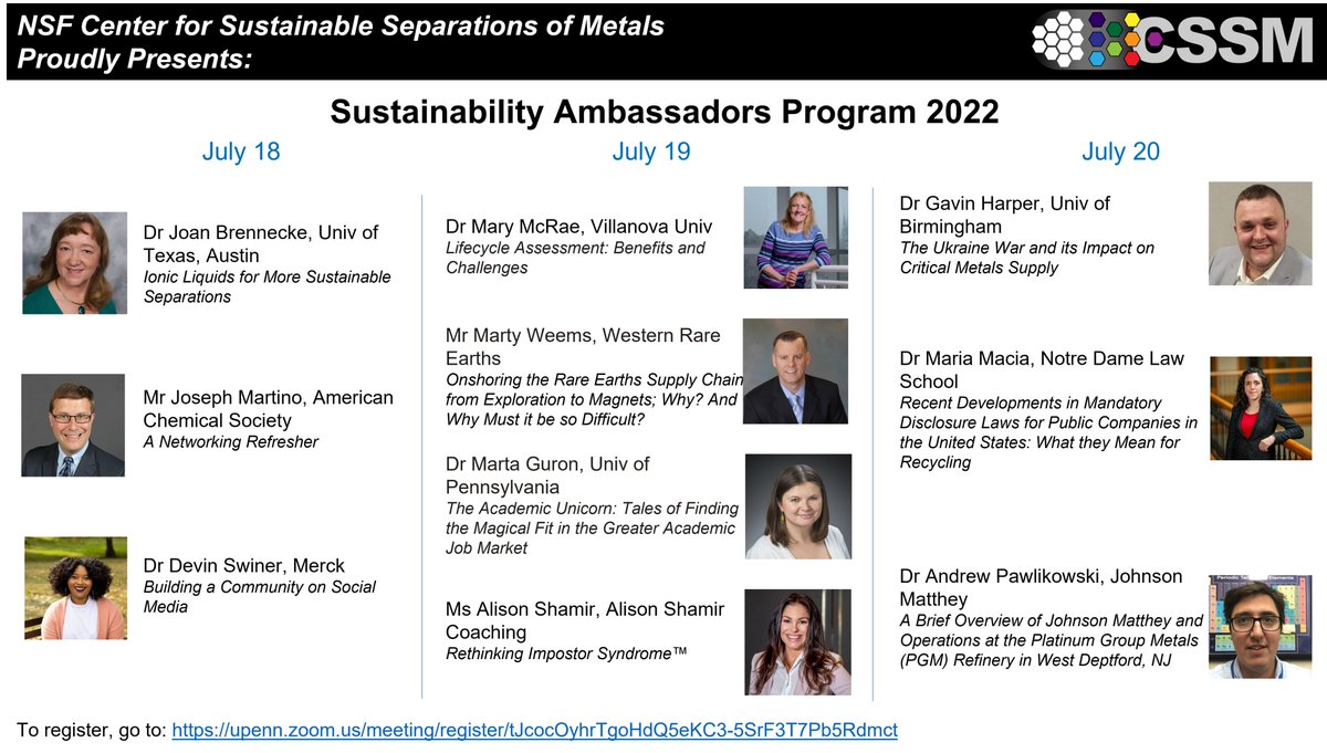 Have you registered for Sustainability Ambassadors, July 18-20, yet? Check out our amazing line-up of speakers and schedule of events at: cssm.upenn.edu/2022/07/11/sus…. To register, click here: upenn.zoom.us/meeting/regist…. The events are free and open to all! #professionaldevelopment