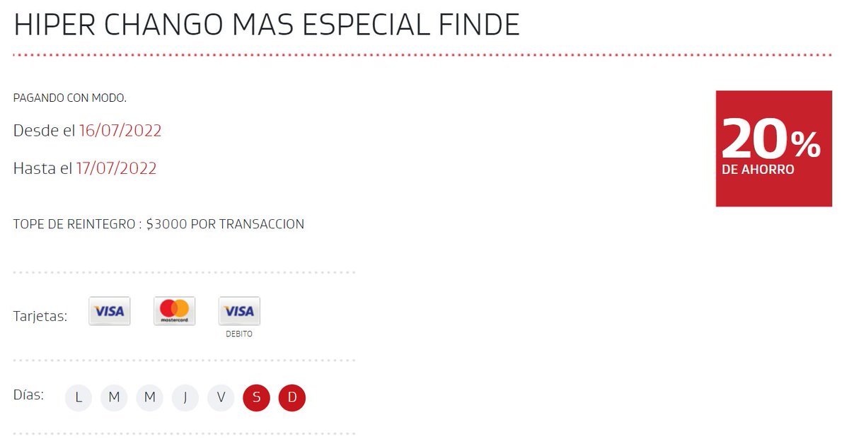 AhorrandoAndoAr's tweet photo. Hiper Chango Mas

20% de reintegro en #HiperChangoMas pagando con @MODO_Arg y tarjetas @ICBCArgentina.
Vigencia: del 16/07/2022 al 17/07/2022.
Tope de Reintegro: $3000 por transacción.

Más info:
https://t.co/KsQQapId30 https://t.co/IXGzcfb8aG