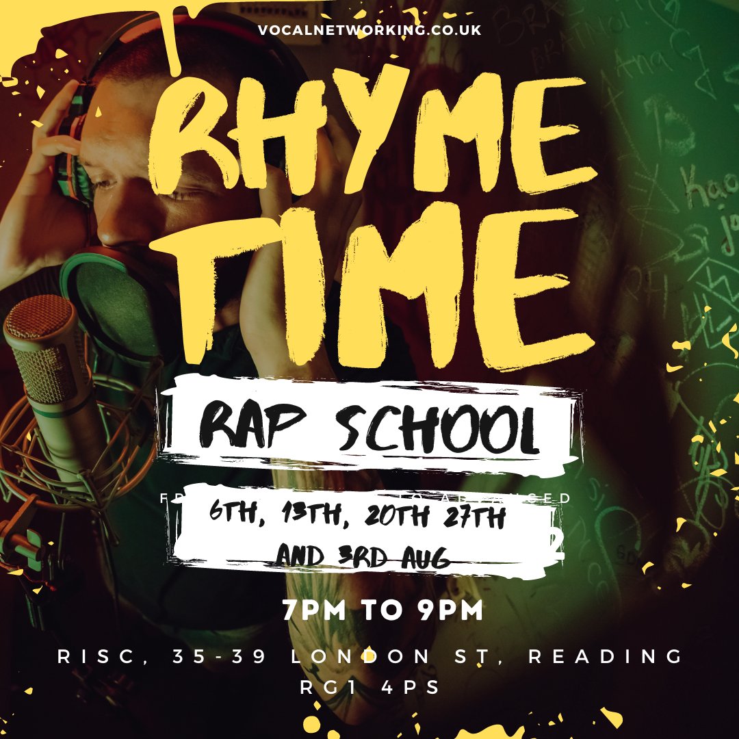 Vocal Networking Rhyme Time Rap School
🎤 No matter what your experience is,        
🎤come and joinus for free for a good time and vibes 

🎤 
 
Every Wednesday 7pm to 9pm
🎤 Next session  20th July.
Room 3
RISC, 35-39 LONDON ST, READING, RG1 4PS 
See you there!