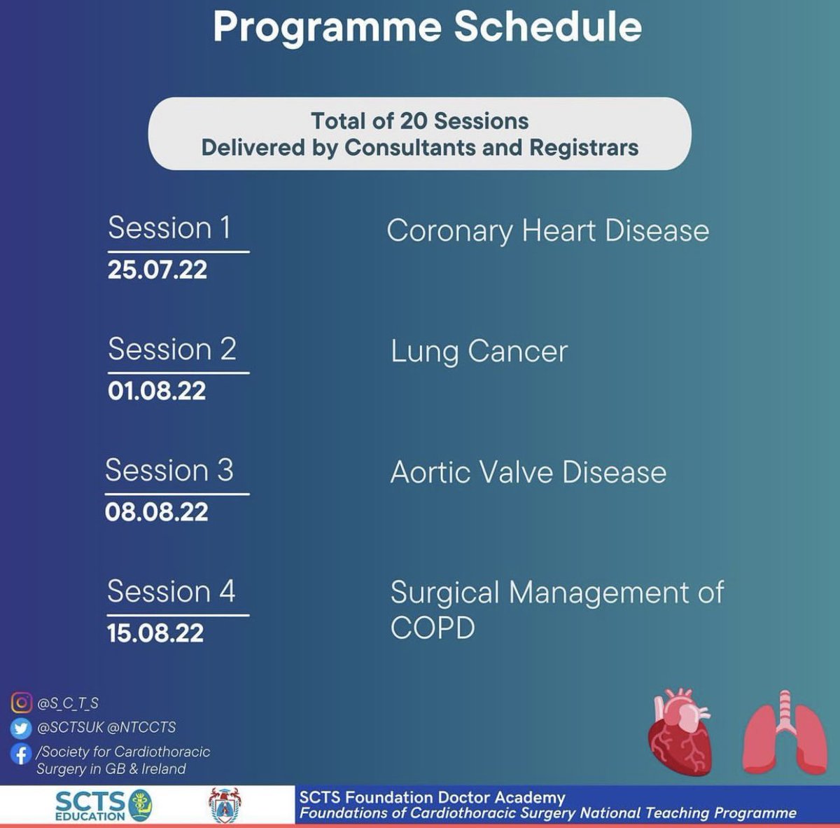SCTSUK's tweet photo. SCTS Foundations Doctors Academy. Virtual sessions every Monday at 7pm. Starting 25.07.2022 for 20 weeks. Sign up in the link in bio. #scts #foundationdoctors #cardiothoracic #SCTS @ASiTofficial @NTCCTS @UKFPO https://t.co/8w7BqXJHDr