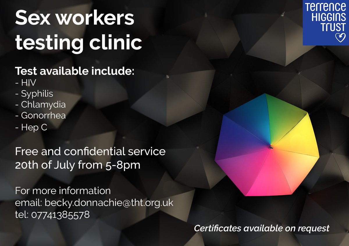 Next week is the pilot of a new evening sex worker drop in clinic by @THTorguk - certificates for adult industry shoots are available as well as testing, supplies and access to further support