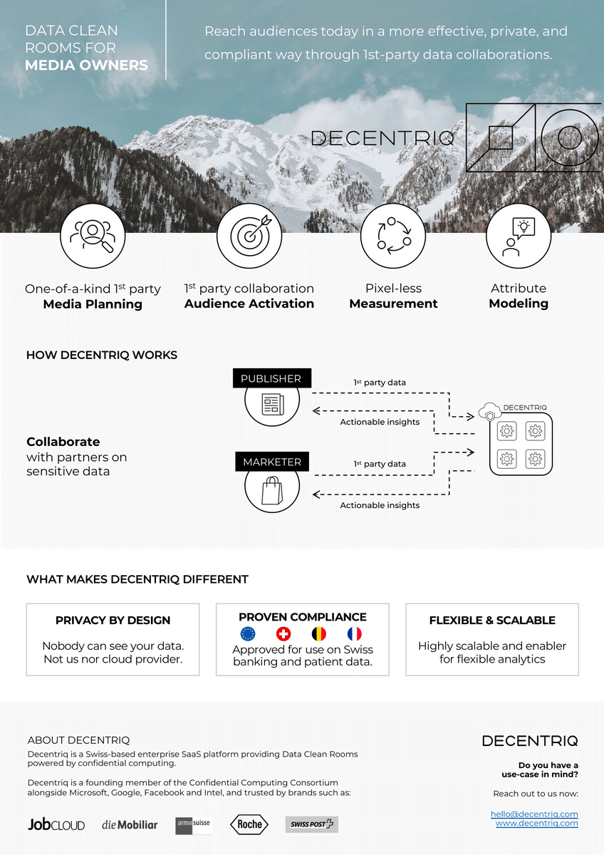 decentriq's tweet photo. With #datacleanrooms running confidential #datacollaborations becomes easy even across companies.
Our platform enables finding trends among the entire user base without disclosing data of an individual user.
🔍It’s a scalable tool for scalable marketing strategies.
#digitaltrust https://t.co/U1cCvTQzMm