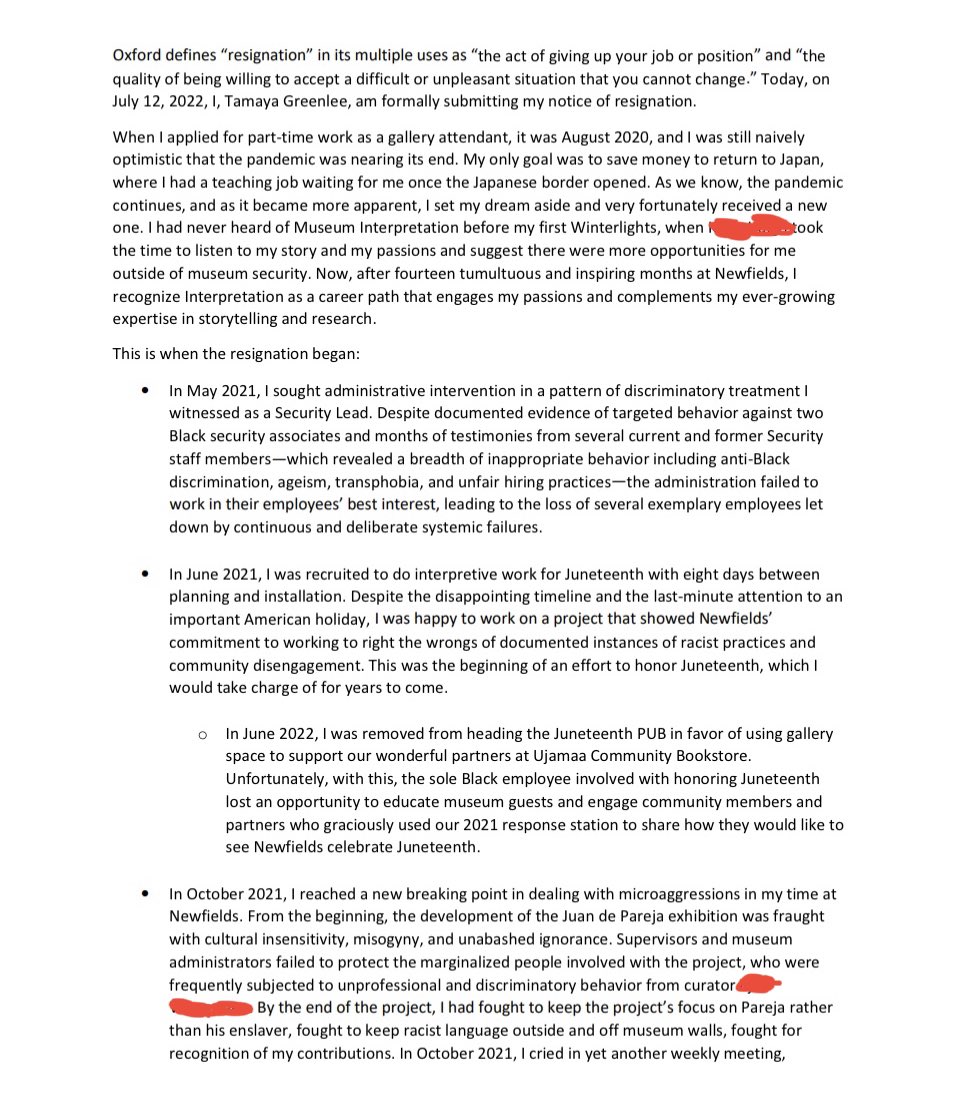 I’m sharing my resignation from Newfields to illustrate just a portion of what I was put through. 

I’d like to add that my department is incredible and my supervisor has been put in a very difficult situation as a marginalized person without support from the institution.